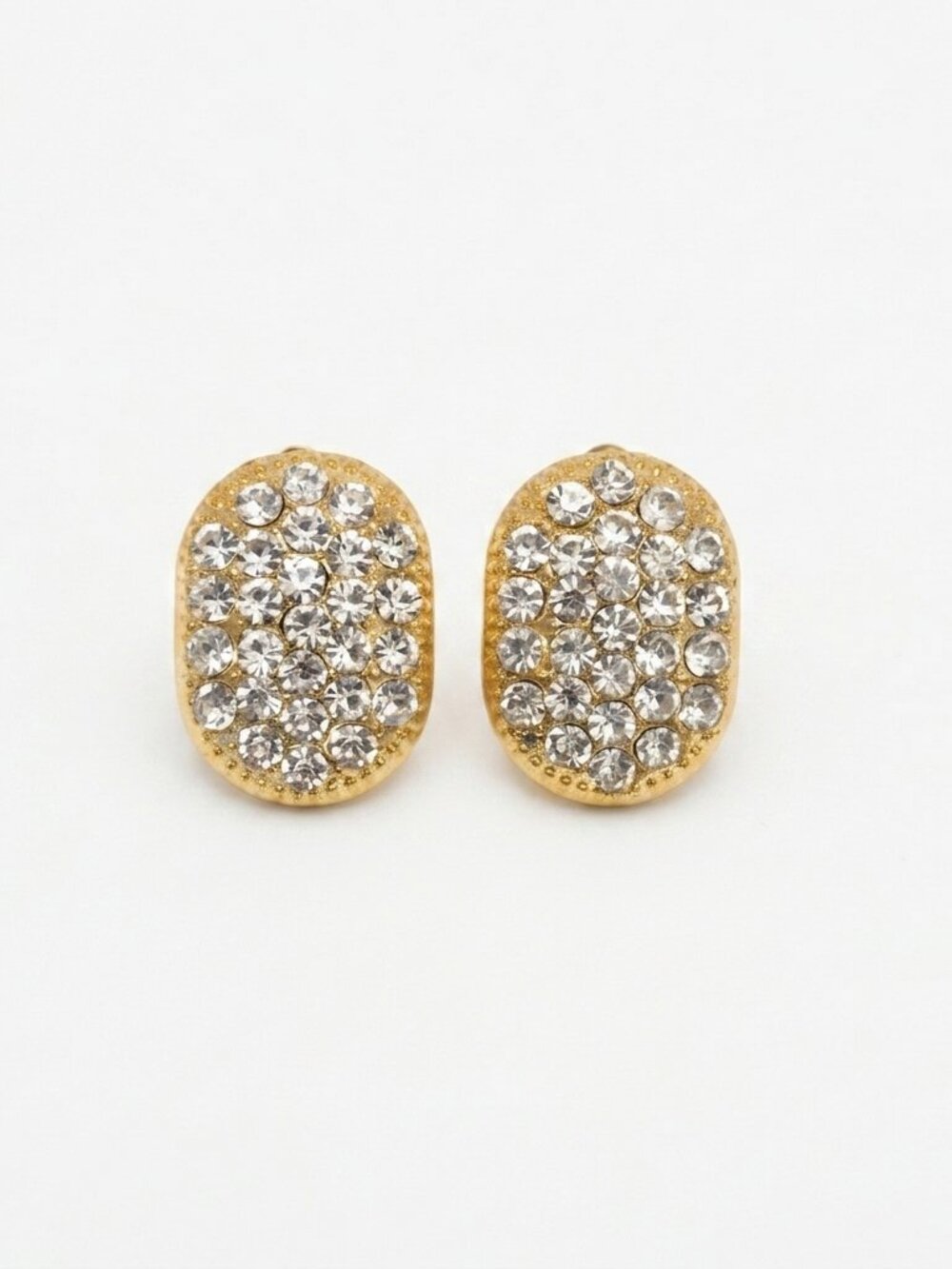 Gold Toned Oval Shaped Pave Effect Rhinestones Pierced Earrings (NWOT)
